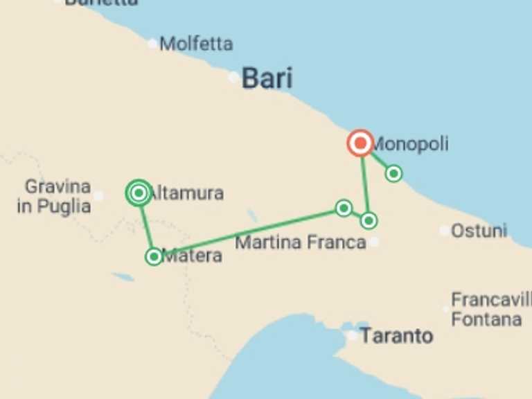 Map itinerary of Mediterranean Tour in September 2026 with 6 destination visits for the trip: Cycle Puglia