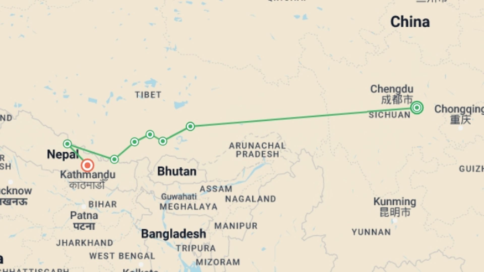 A map showing the tour itinerary for the trip: Essential Tibet, starting in Chengdu, China and ending in Kathmandu, Nepal going through 6 other destinations.