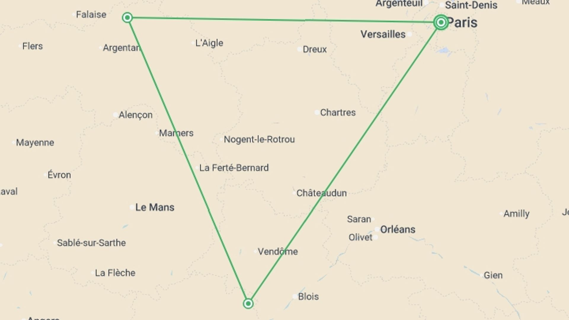 A map showing the tour itinerary for the trip: Treasures of France Including Normandy, starting in Paris, France and ending in Paris, France going through 2 other destinations.