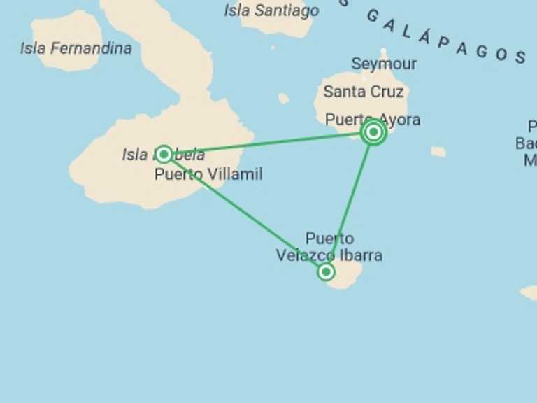 Map itinerary of Ecuador Tour in September 2027 with 3 destination visits for the trip: Galápagos Island Hopping Land-Only