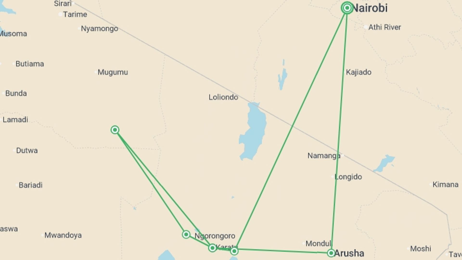 A map showing the tour itinerary for the trip: Tanzania Family Safari, starting in Nairobi, Kenya and ending in Nairobi, Kenya going through 4 other destinations.