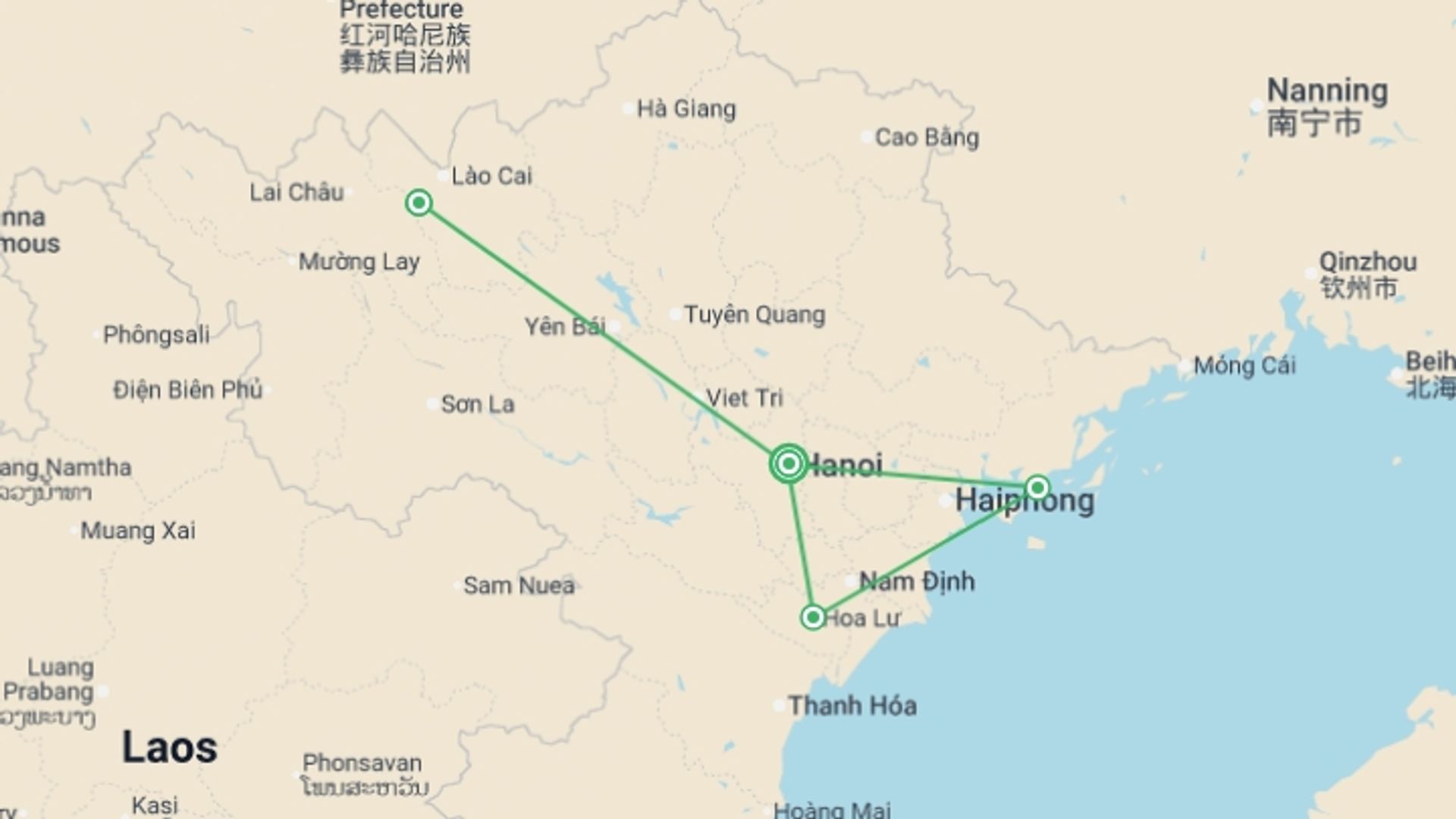 A map showing the tour itinerary for the trip: Hanoi, Sapa, Ninh Binh & Halong - 8 days, starting in Hanoi, Vietnam and ending in Hanoi, Vietnam going through 3 other destinations.