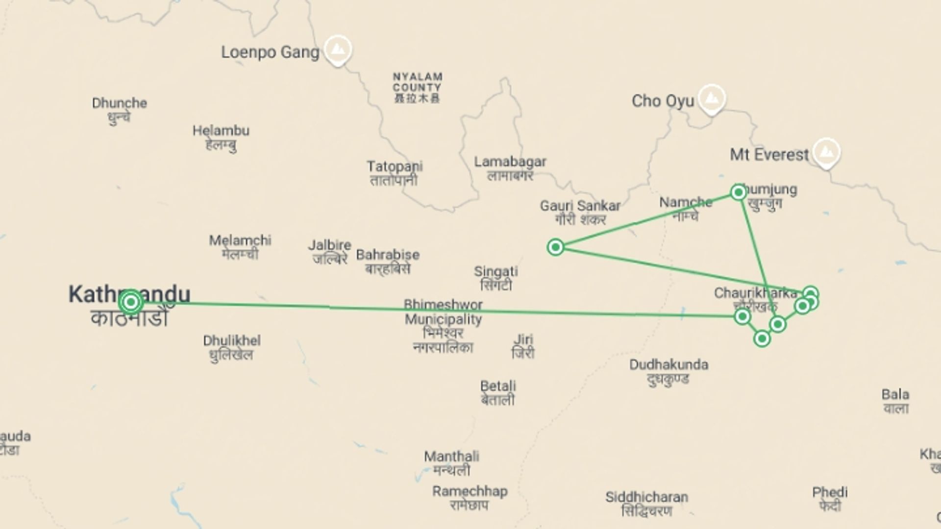 A map showing the tour itinerary for the trip: Mera Peak Climbing Tour , starting in Kathmandu, Nepal and ending in Kathmandu, Nepal going through 8 other destinations.