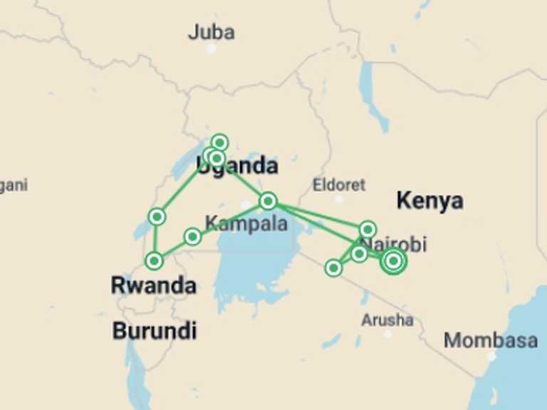 Map of 15-Day Nairobi Tour with 10 destination visits for the trip: Gorillas & Plains