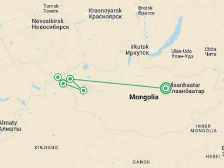 Map itinerary of Asia Tour in July 2026 with 6 destination visits for the trip: Mongolian Tavan Bogd Trek