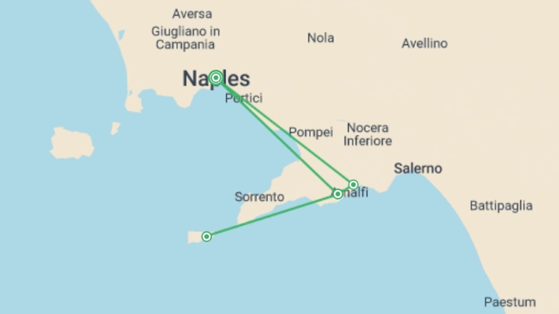 A map showing the tour itinerary for the trip: Paths of the Amalfi Coast, starting in Naples, Italy and ending in Naples, Italy going through 3 other destinations.