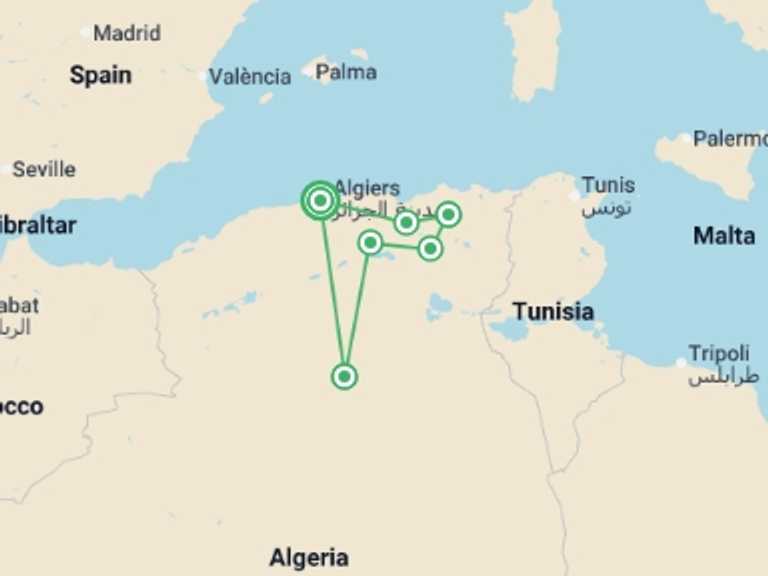 Map of 10-Day Africa Tour with 6 destination visits for the trip: Wonders of Ancient Algeria and the M’Zab Valley