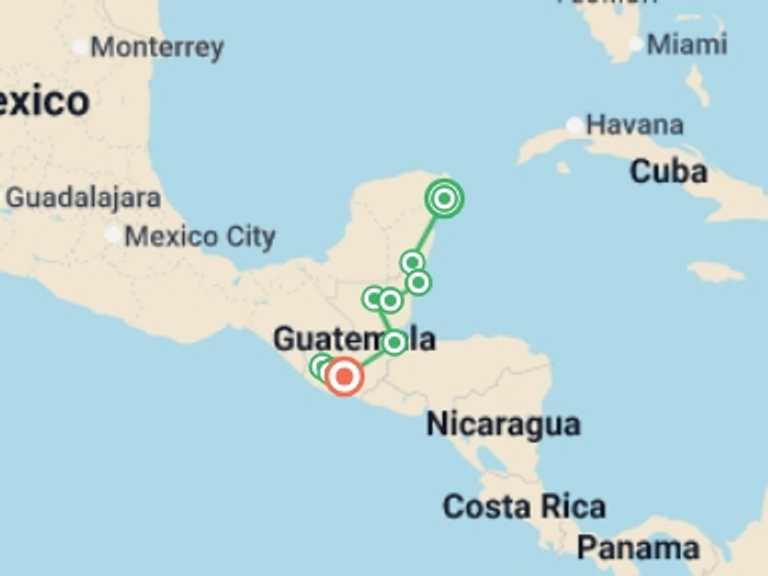 Map itinerary of Antigua Tour in September 2027 with 10 destination visits for the trip: Maya Adventure