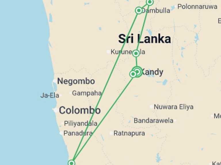 Map itinerary of Asia Tour in Winter with 3 destination visits for the trip: Kandy, Sigiriya & Dambulla 4 Days, Private Tour