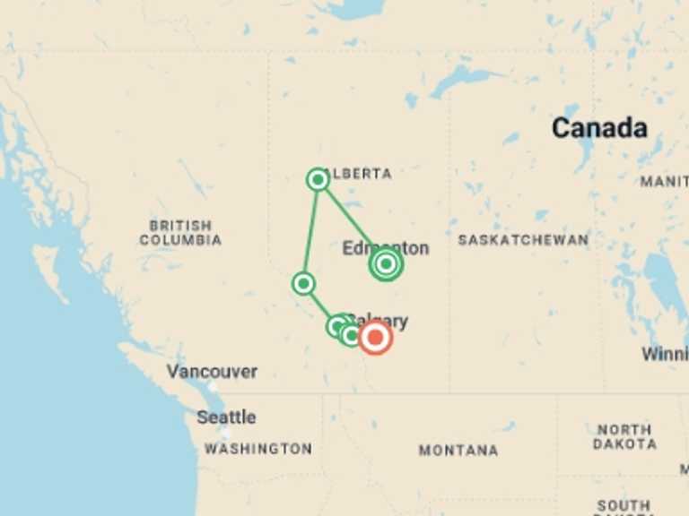 Map of Canada Natural landmarks sightseeing Tour with 9 destination visits for the trip: Canadian Rockies & Northern Lights