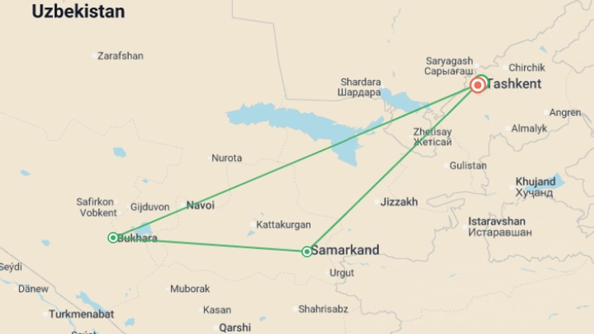 A map showing the tour itinerary for the trip: Tashkent, Bukhara & Samarkand - 7 days, starting in Tashkent, Uzbekistan and ending in Tashkent, Uzbekistan going through 2 other destinations.
