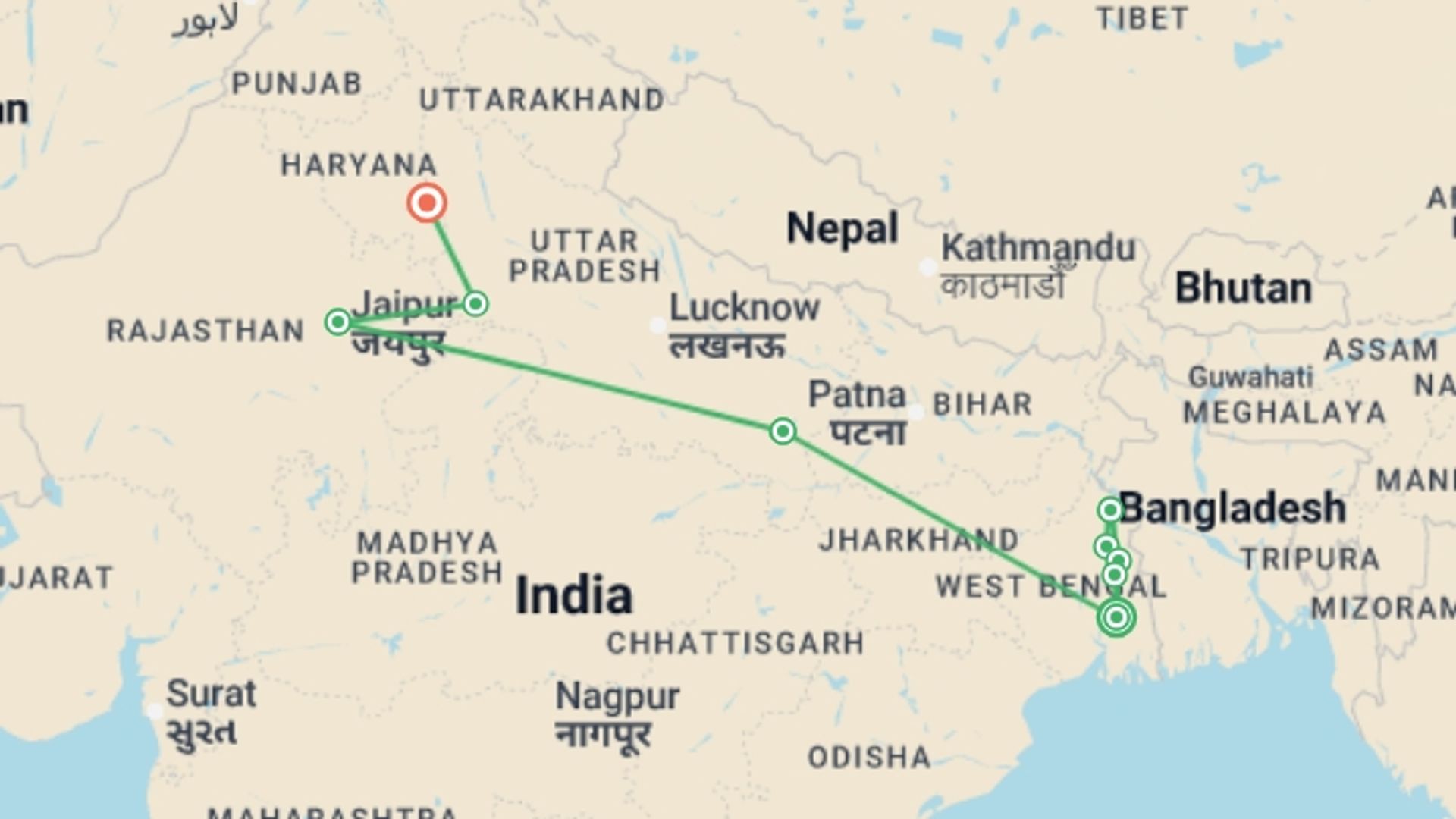 A map showing the tour itinerary for the trip: Cruise on the Ganges between Kolkata and Varanasi & the splendors of Rajasthan (port-to-port cruise), starting in Kolkata, India and ending in New Delhi, India going through 8 other destinations.