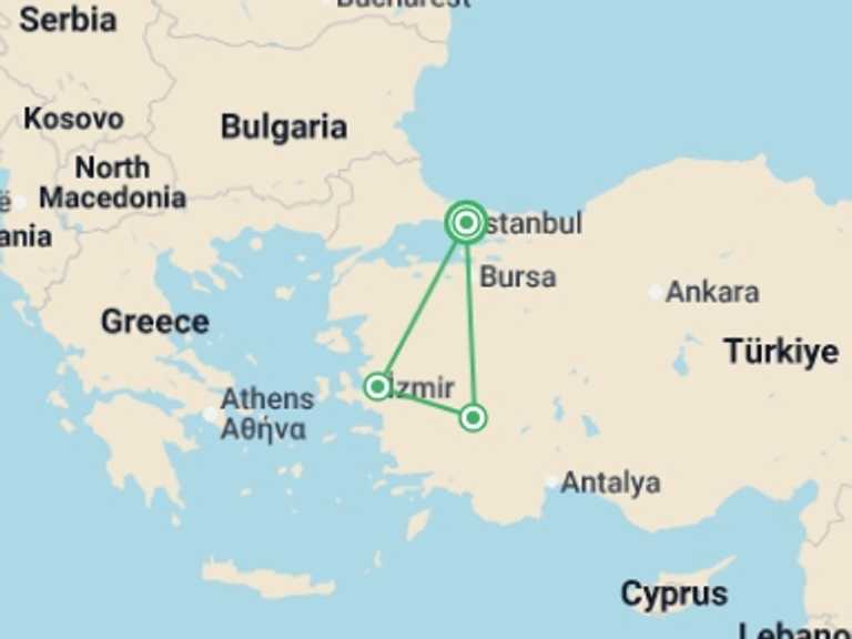Map itinerary of Turkey Tour in March 2027 with 3 destination visits for the trip: 3 Days-western Turkey Tour From/to Istanbul