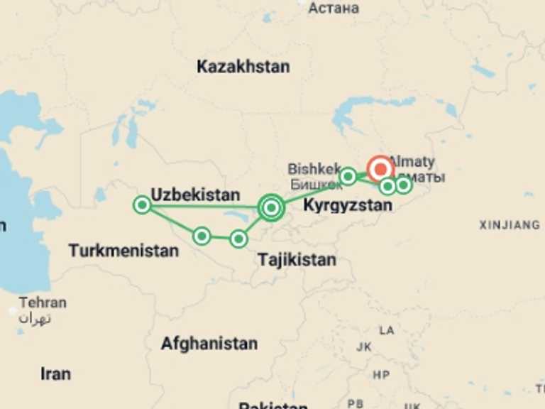 Map of Central Asia Tour with 8 destination visits for the trip: Premium Central Asia