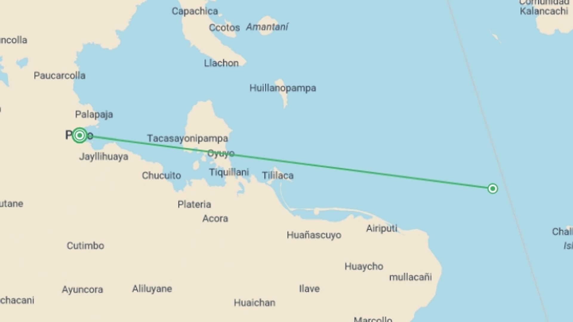 A map showing the tour itinerary for the trip: Uros Kayak Tour with Homestay at Amantani Island, starting in Puno, Peru and ending in Puno, Peru going through 1 other destinations.
