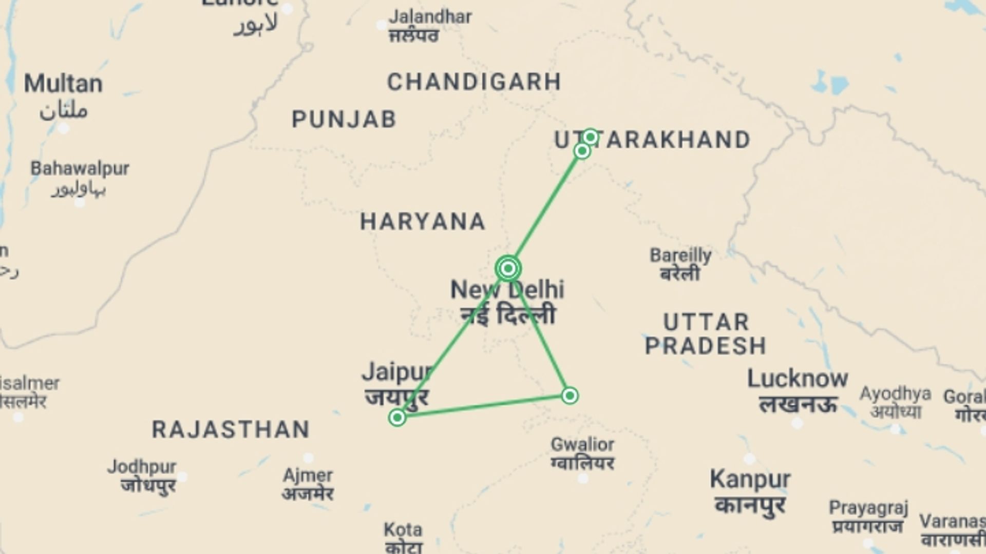 A map showing the tour itinerary for the trip: Golden Triangle With Haridwar And Rishikesh, Supersaver, starting in New Delhi, India and ending in New Delhi, India going through 4 other destinations.