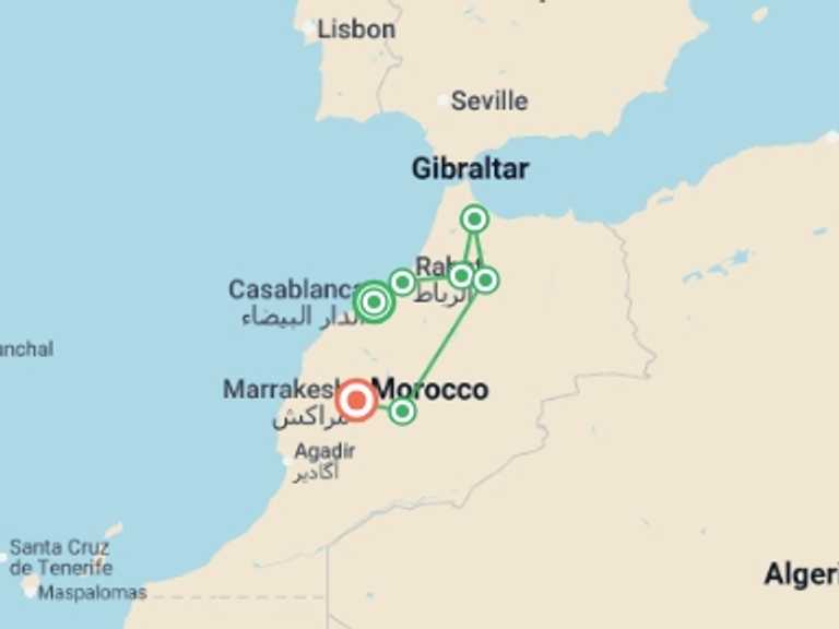 Map itinerary of Marrakech Tour in Summer with 6 destination visits for the trip: Imperial Morocco & The Blue City - 8 Days