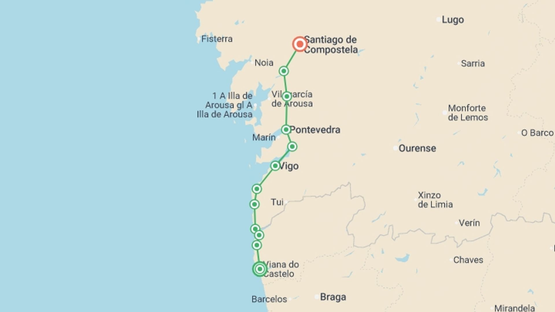 A map showing the tour itinerary for the trip: Portuguese Coastal Camino - Viana do Castelo to Santiago, starting in Viana Do Castelo, Portugal and ending in Santiago De Compostela, Spain going through 10 other destinations.