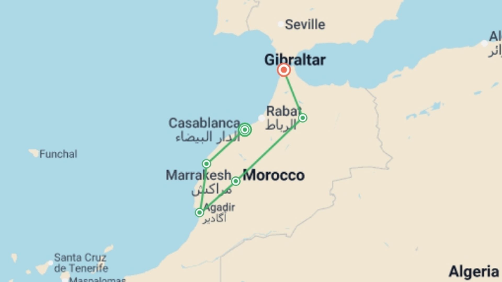 A map showing the tour itinerary for the trip: Imperial Cities and Moroccan Atlantic Ending Tanger, starting in Casablanca, Morocco and ending in Tangier, Morocco going through 4 other destinations.