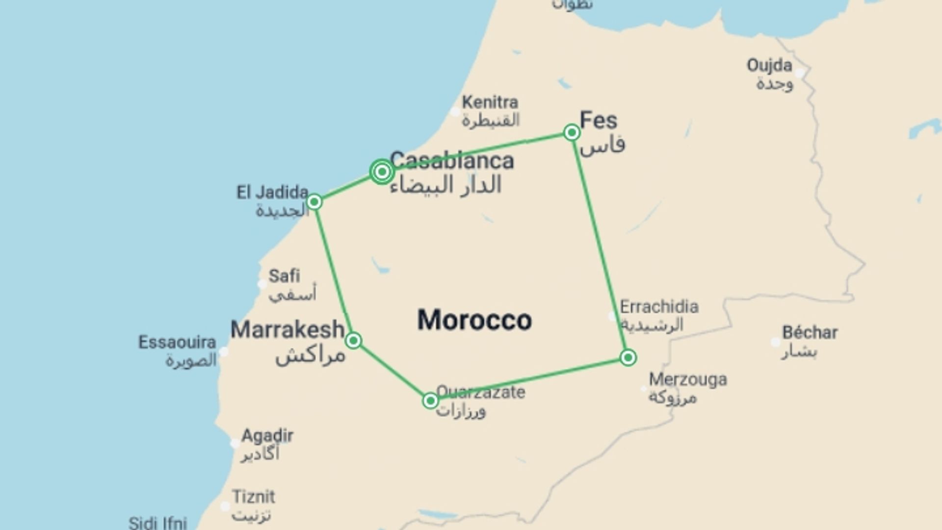 A map showing the tour itinerary for the trip: Treasures of Morocco, starting in Casablanca, Morocco and ending in Casablanca, Morocco going through 5 other destinations.
