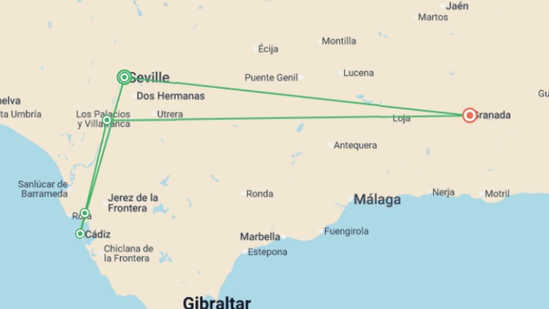 A map showing the tour itinerary for the trip: Unforgettable Cruise through Andalusia for an Exceptional Celestial Spectacle (port-to-port cruise), starting in Seville, Spain and ending in Granada, Spain going through 3 other destinations.