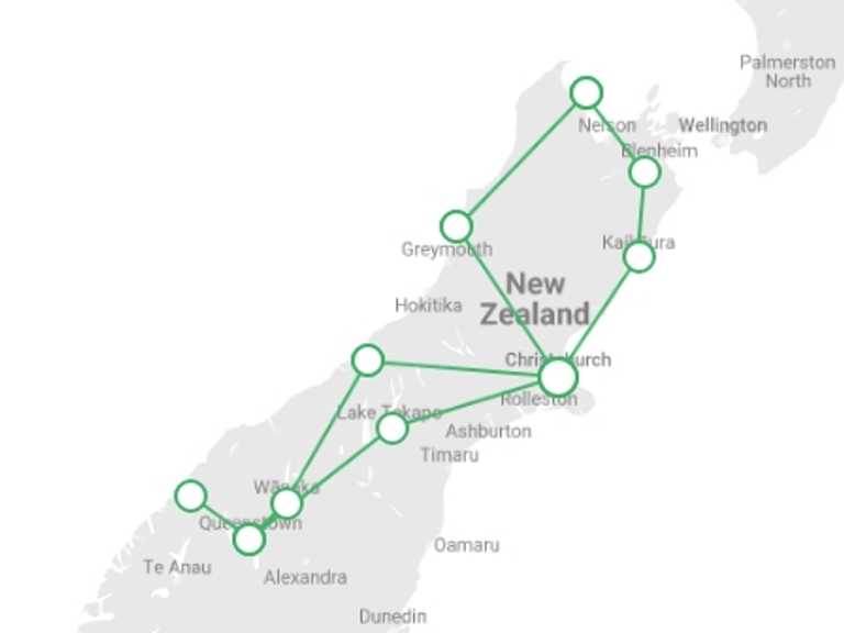 Map of Oceania Tour with 6 destination visits for the trip: Budget South Island Explorer - 14 days