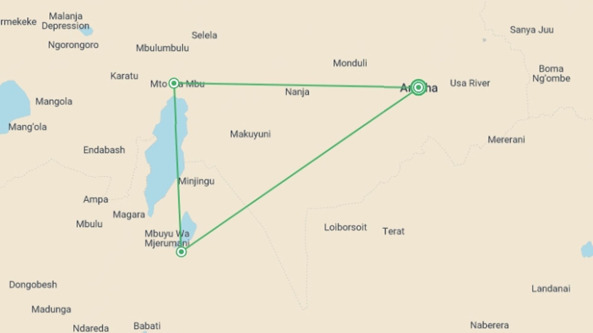 A map showing the tour itinerary for the trip: 3N/4D Classic African Game Safari, starting in Arusha, Tanzania and ending in Arusha, Tanzania going through 3 other destinations.