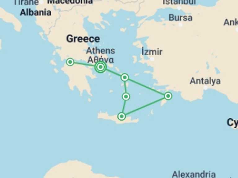 Map of 15-Day Greece Tour with 6 destination visits for the trip: The Big Greek Wedding