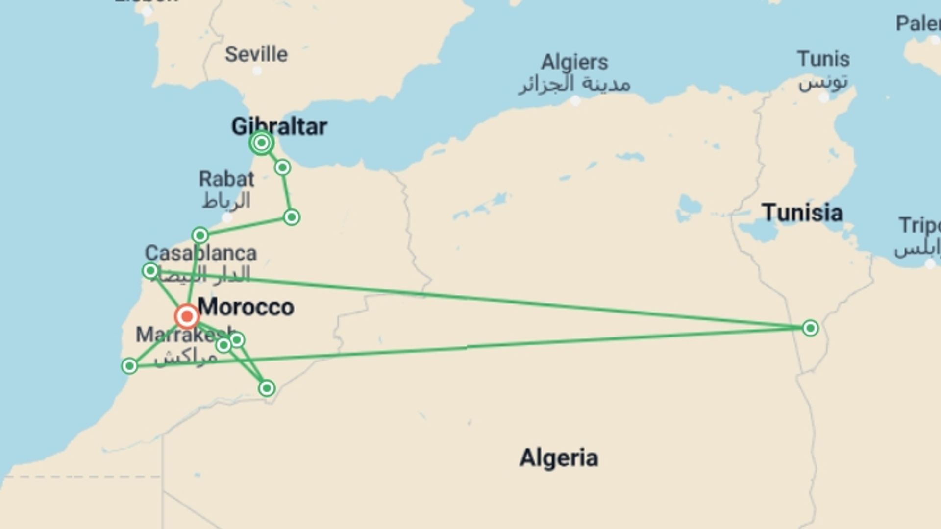 A map showing the tour itinerary for the trip: Complete Morocco: The Sahara to the Coast, starting in Tangier, Morocco and ending in Marrakech, Morocco going through 9 other destinations.