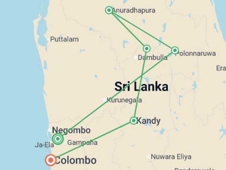 Map itinerary of Anuradhapura Tour in September 2026 with 6 destination visits for the trip: Sri Lanka Discover Luxury Small Group Tour