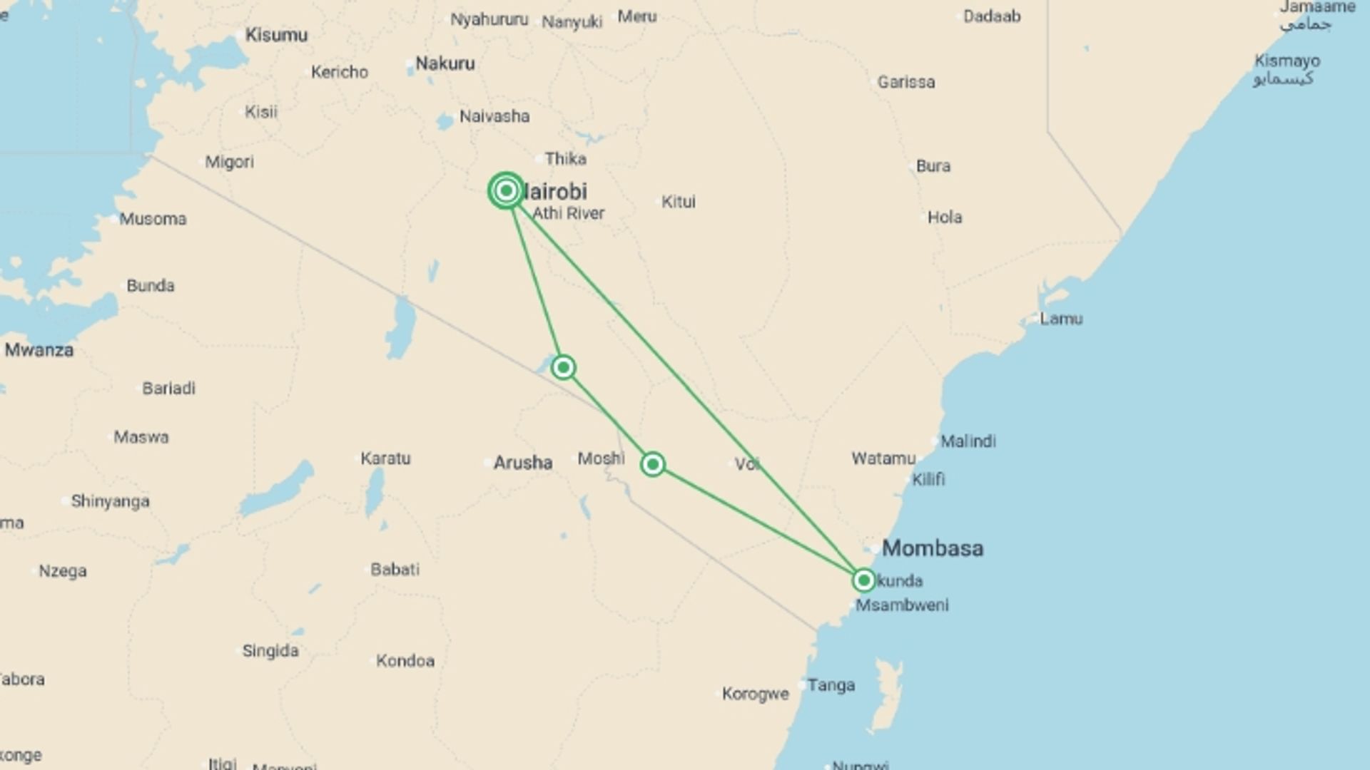 A map showing the tour itinerary for the trip: Kenya Safari & Beach - 9 days, starting in Nairobi, Kenya and ending in Nairobi, Kenya going through 3 other destinations.