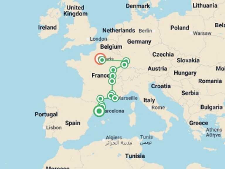 Map itinerary of Europe Tour in January 2027 with 7 destination visits for the trip: Catalonia, south of France, Burgundy and Alsace