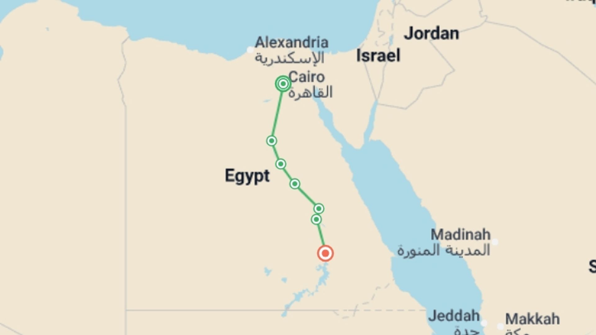 A map showing the tour itinerary for the trip: Egypt, a journey through time, starting in Cairo, Egypt and ending in Aswan, Egypt going through 5 other destinations.
