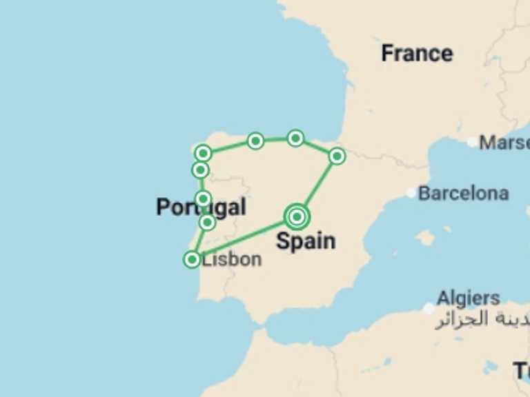 Map of Europe Tour with 9 destination visits for the trip: Madrid to Northern Spain & Lisbon - 12 days