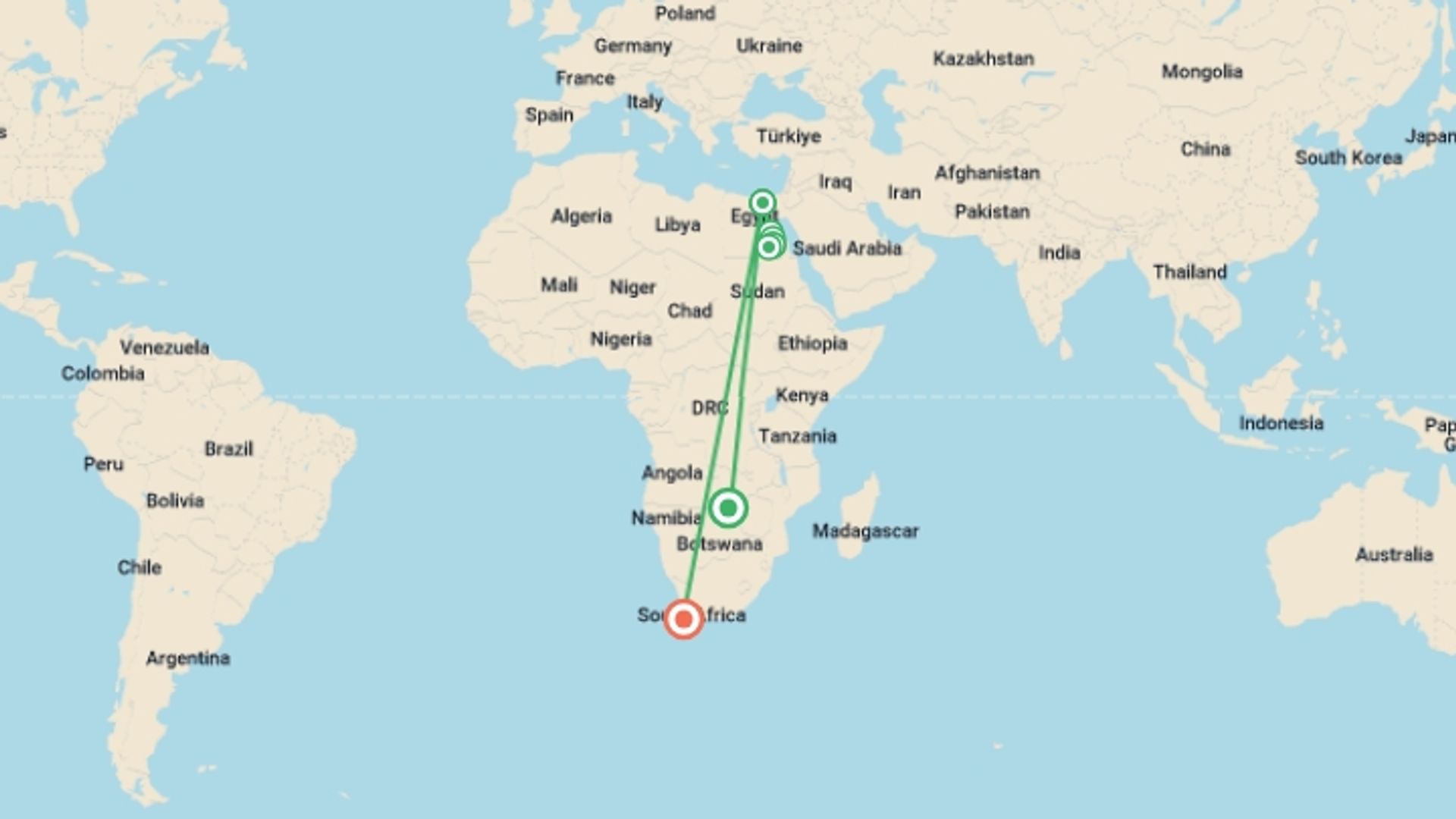 A map showing the tour itinerary for the trip: Egypt Express, starting in Victoria Falls, Zimbabwe and ending in Cape Town, South Africa going through 4 other destinations.