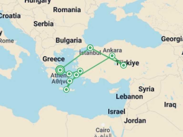 Map of Europe Tour with 7 destination visits for the trip: Classical Greece And Turkey With 2-day Cruise