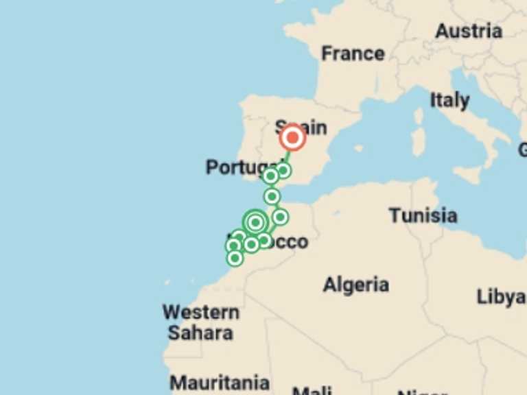Map of 11-Day Marrakech Tour with 8 destination visits for the trip: Atlantic Morocco, Seville and Madrid