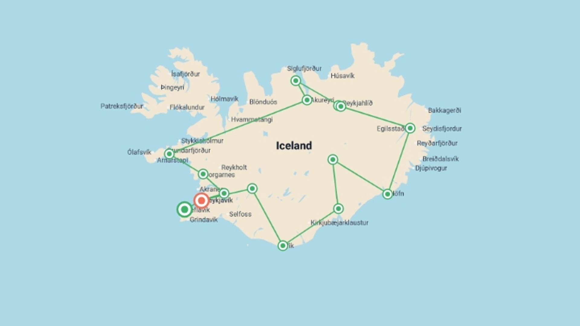 A map showing the tour itinerary for the trip: Iceland Self Drive - 8 days, starting in Keflavik, Iceland and ending in Reykjavik, Iceland going through 6 other destinations.