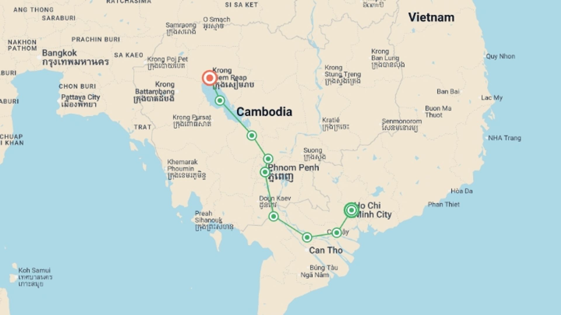 A map showing the tour itinerary for the trip: From the Mekong Delta to Siem Reap (port-to-port cruise), starting in Ho Chi Minh City, Vietnam and ending in Siem Reap, Cambodia going through 7 other destinations.