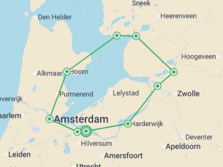 Map itinerary of Europe Tour in May 2026 with 6 destination visits for the trip: Amsterdam and Lake IJssel Cycle