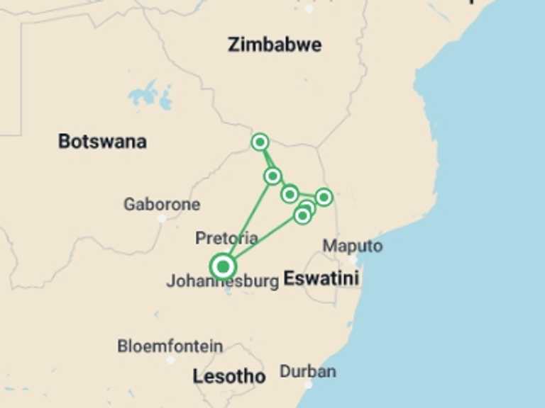 Map itinerary of Johannesburg Tour in October 2026 with 9 destination visits for the trip: South Africa Cycling Adventure