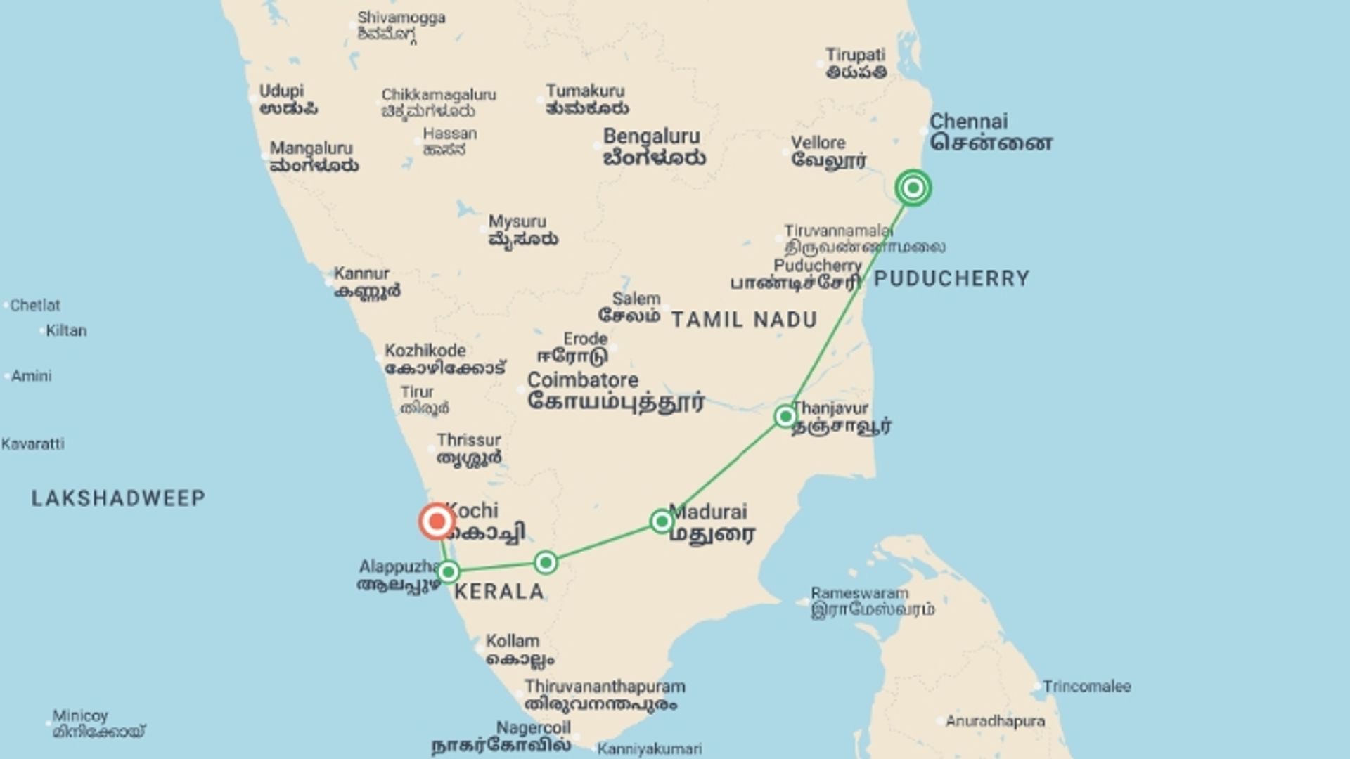 A map showing the tour itinerary for the trip: East to West Coast: Southern India, starting in Mamallapuram, India and ending in Kerala & Tamil Nadu, India going through 5 other destinations.