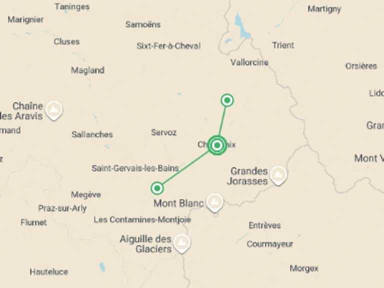 Map itinerary of Europe Tour in August 2026 with 3 destination visits for the trip: Mont Blanc Highlights