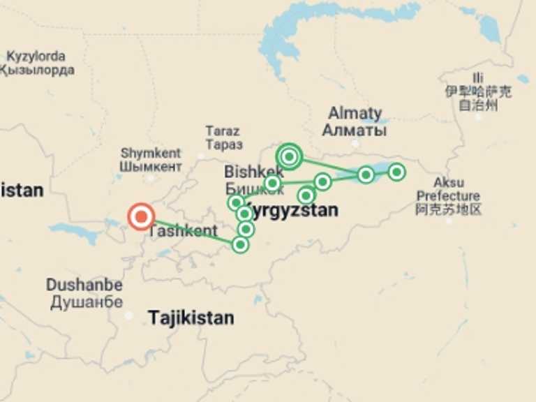 Map itinerary of Bishkek Tour in May 2026 with 11 destination visits for the trip: Kyrgyzstan's Silk Road Journey