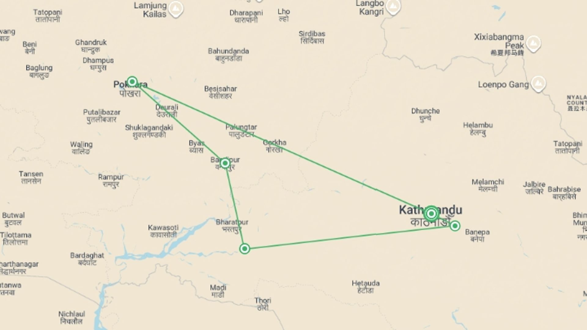 A map showing the tour itinerary for the trip: Classic Nepal, starting in Kathmandu, Nepal and ending in Kathmandu, Nepal going through 4 other destinations.