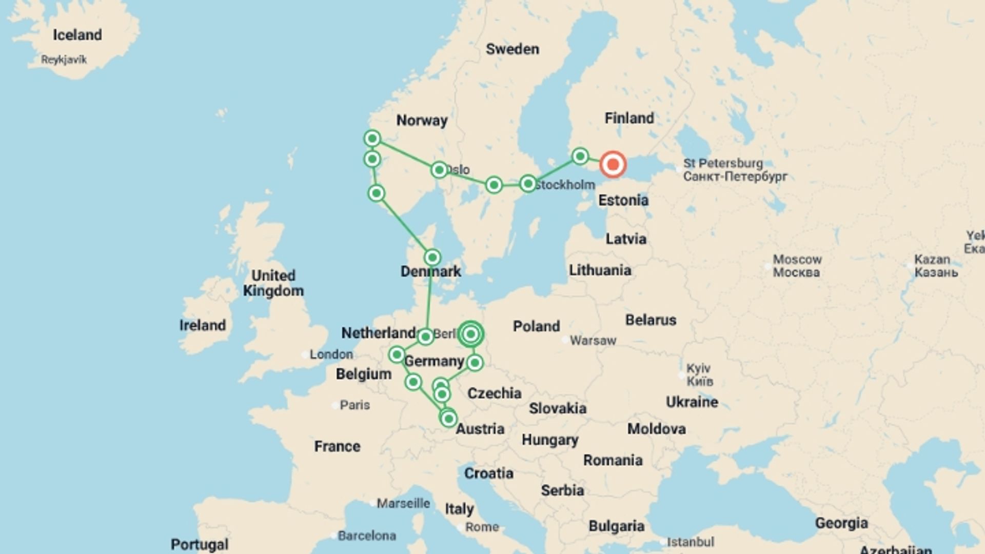 A map showing the tour itinerary for the trip: Germany and Scandinavia end Helsinki, starting in Berlin, Germany and ending in Helsinki, Finland going through 11 other destinations.