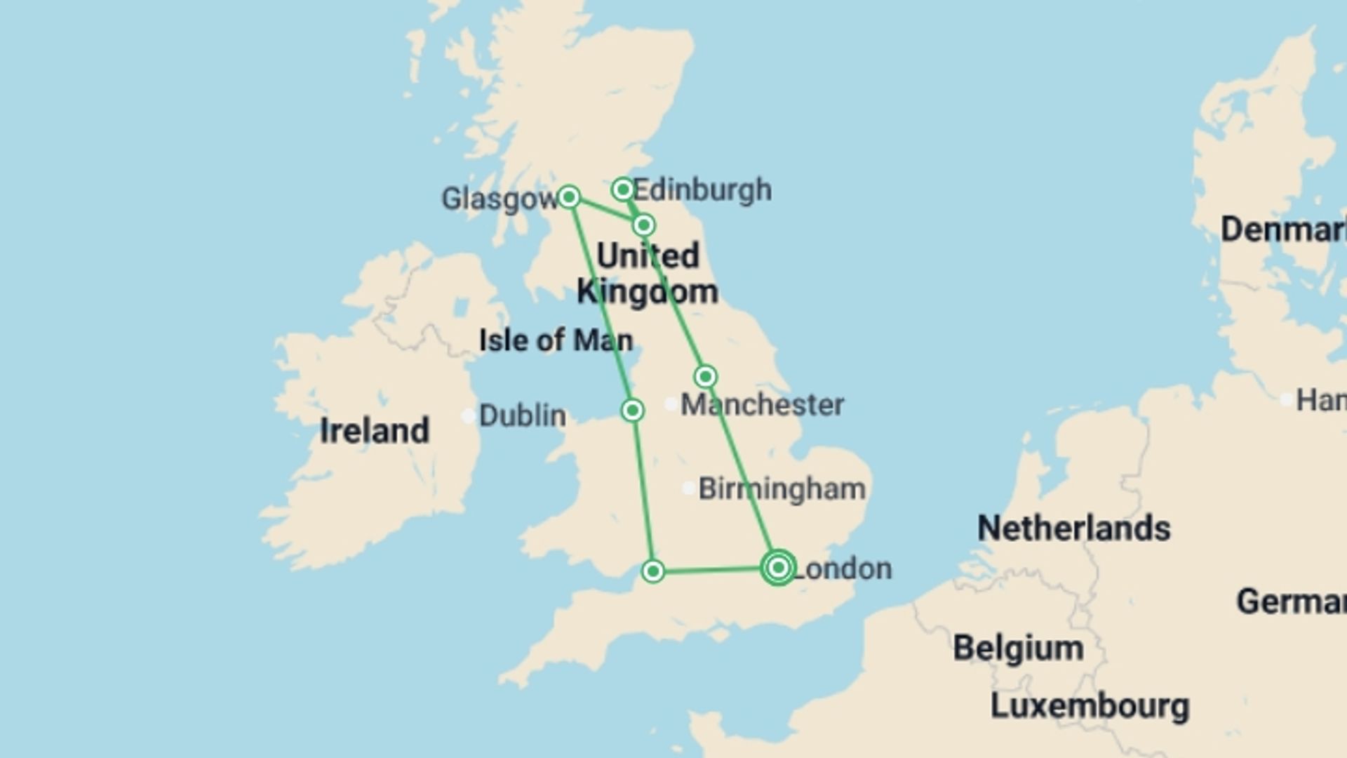 A map showing the tour itinerary for the trip: Amazing Britain, starting in London, England and ending in London, England going through 6 other destinations.