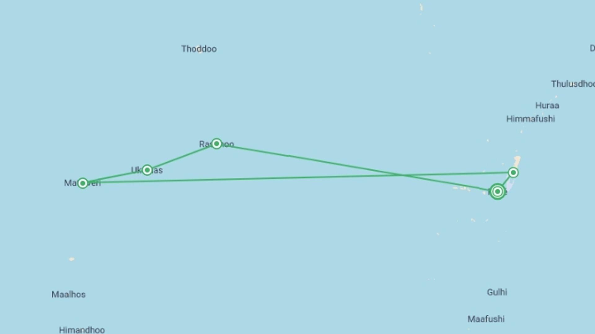 A map showing the tour itinerary for the trip: Private North Maldives Island Hopping - 8 days, starting in Male, Maldives and ending in Male, Maldives going through 4 other destinations.