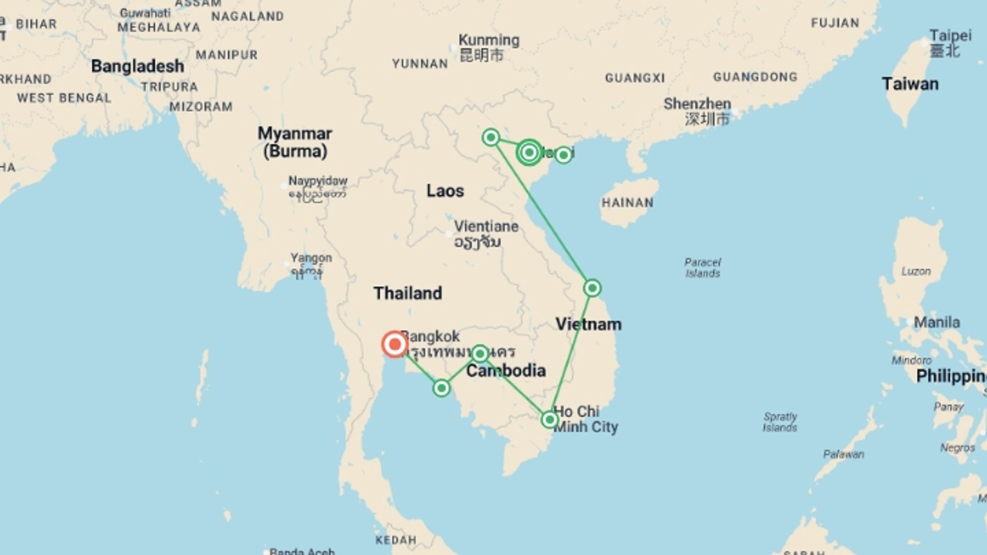A map showing the tour itinerary for the trip: Southeast Asia: Pu Luong, Halong Bay & the Cardamom Mountains, starting in Hanoi, Vietnam and ending in Bangkok, Thailand going through 6 other destinations.