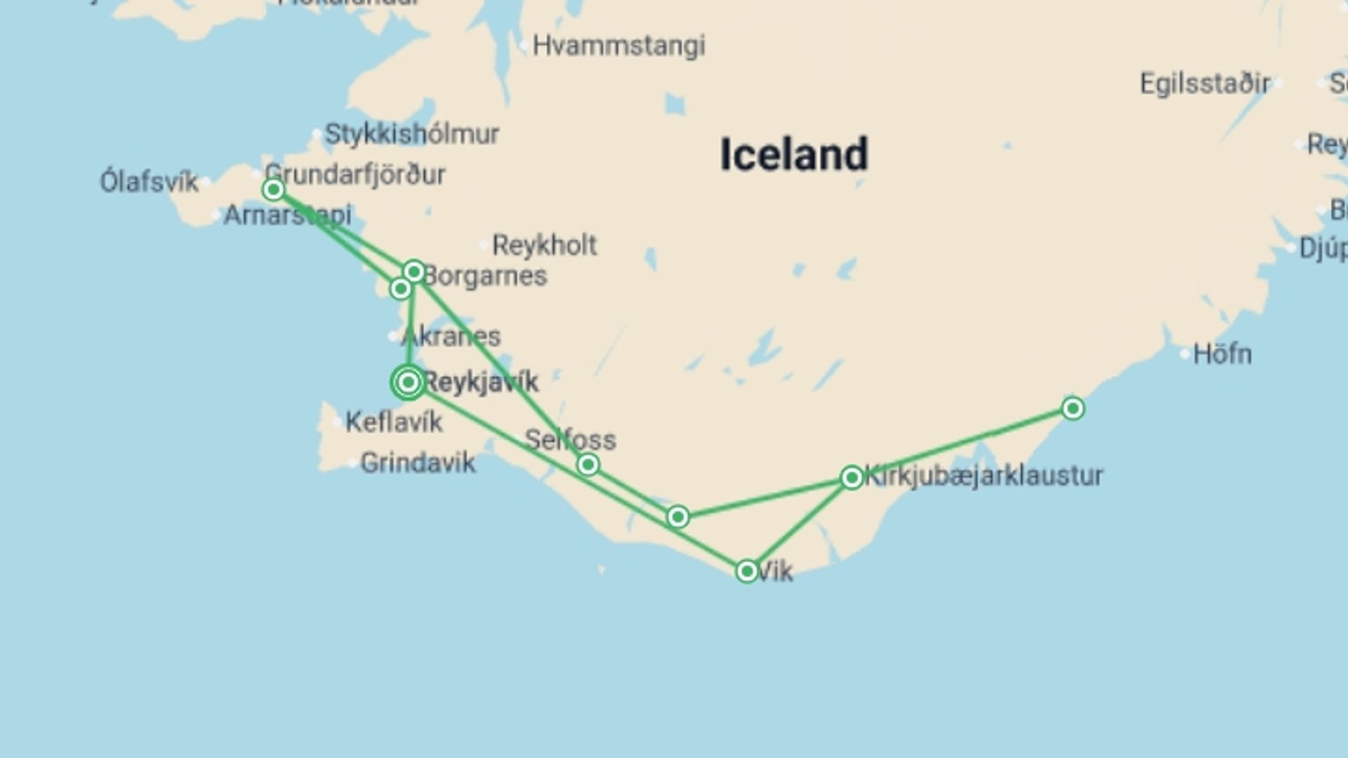 A map showing the tour itinerary for the trip: Northern Lights Exploration (Small Group) - 8 days, starting in Reykjavik, Iceland and ending in Reykjavik, Iceland going through 4 other destinations.